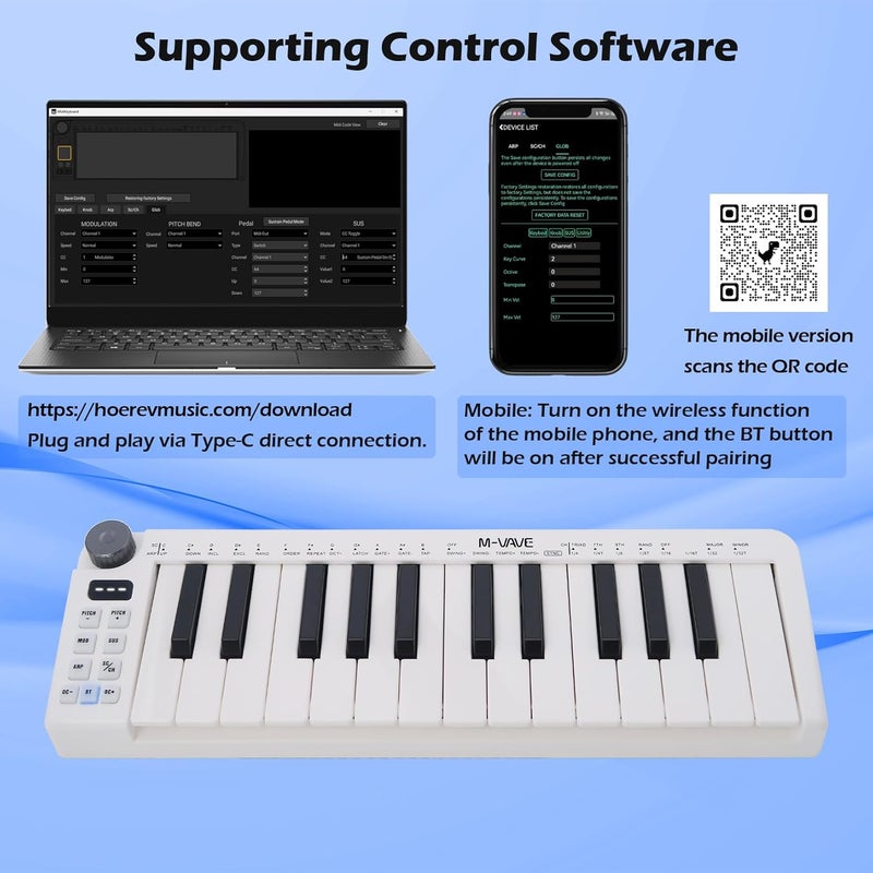 M-VAVE 25 Keys Mini Keyboard – Professional Beat Maker and Keytar for Keyboard Music Production Builtin Battery Wireless Connect White - Image 4